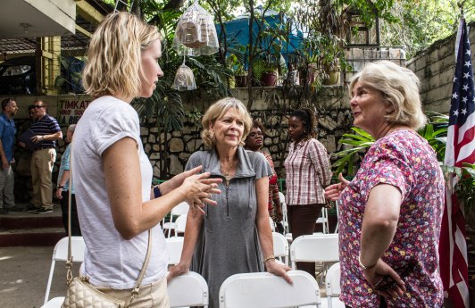 CCAI Executive Director, Becky Weichhand, Restavek Freedom Executive Director Joan Conn and Assistant Secretary of State Michele Bond shared a moment at a site visit. 